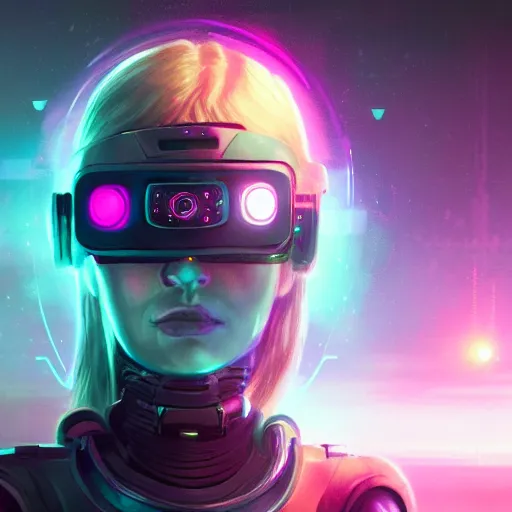 Image similar to cyberpunk concept cool warrior girl bot, galaxy, ufo, space sci - fi, wearing vr goggles, illustration, portrait, pastel neon textured background night, trending on artstation, greg rutkowski, octane rendered, 1 2 k, detailed,