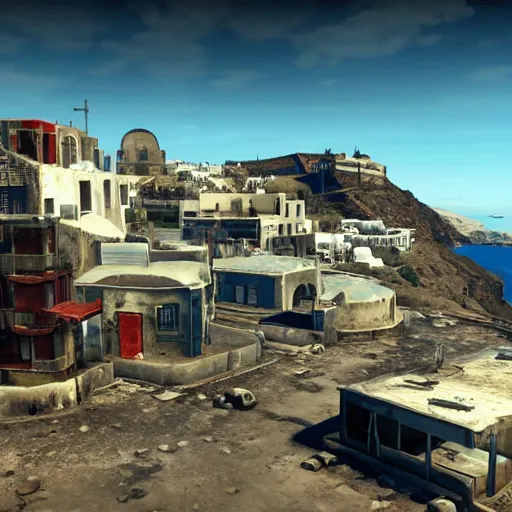 Prompt: Santorini, Greece in ruins post-nuclear war in Fallout 4, in game screenshot