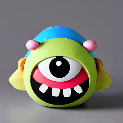 Prompt: cartoon cute baby monster sculpture toy on display