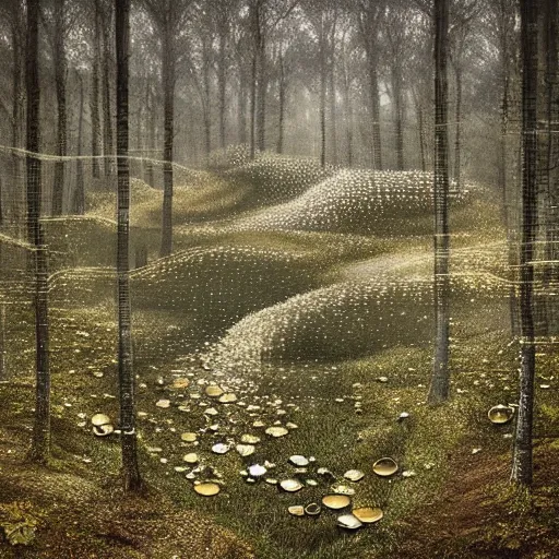 Prompt: heroinchic immaculate painting of A Beautiful fine detailed Forest Illusion by erik johansson with specular highlights with hints of gold and diamonds and pearls in various flavours, micro detailing populated by organic crystals