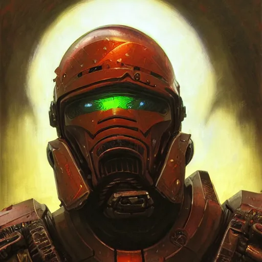 Prompt: the doomslayer with energy armor as a realistic scifi cyberpunk knight, closeup portrait art by donato giancola and greg rutkowski, vintage retro scifi, realistic face, digital art, trending on artstation, symmetry!!