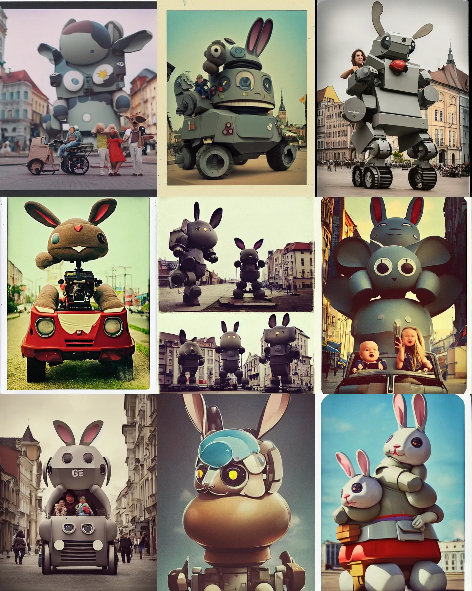 Prompt: legnica!! epic pose!!! googly eyed giant oversized battle rabbit robot chubby mech baby sport vehicle double decker with giant oversized ears and cute rabbit babies , in legnica , full body , Cinematic focus, Polaroid photo, vintage , neutral dull colors, soft lights, foggy , by oleg oprisco , by national archives, by discovery channel, by victor enrich , by gregory crewdson