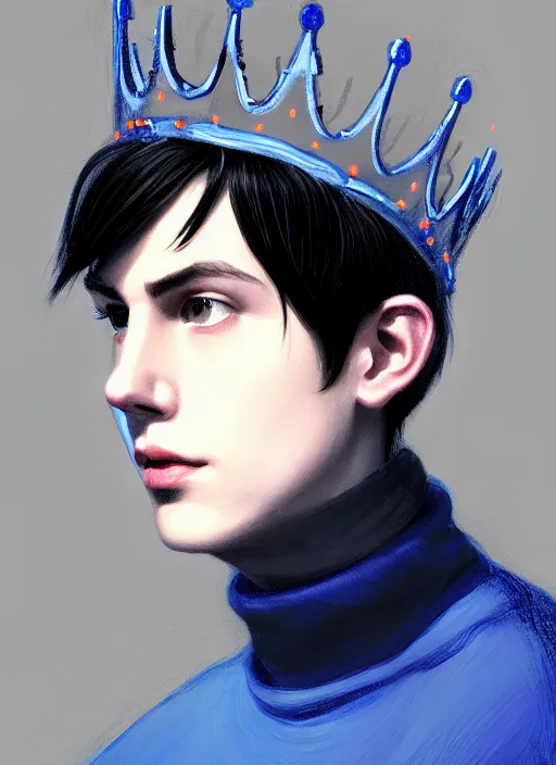 Image similar to portrait of teenage jughead jones wearing a light grey crown, crown, blue turtleneck, closed eyes, photorealistic, black hair, glowing lighting, intricate, elegant, glowing lights, highly detailed, digital painting, artstation, concept art, smooth, sharp focus, illustration, art by wlop, mars ravelo and greg rutkowski