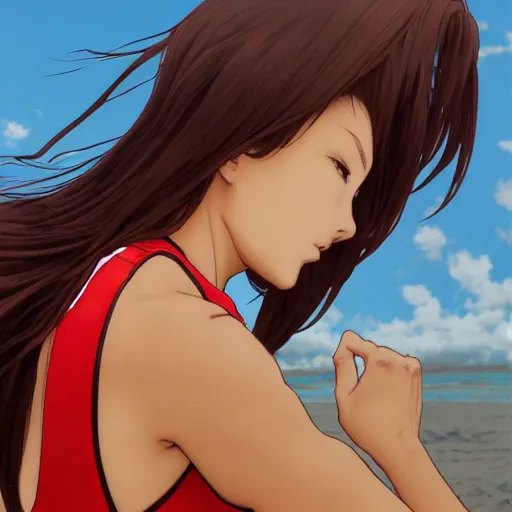 Prompt: anime style, female beach volley player, red sport clothing, on the bach, standing pose, brown short hair, hair down, symmetrical facial features, from arknights, hyper realistic, rule of thirds, extreme detail, 4 k drawing, safebooru, realistic lighting, by alphonse mucha, greg rutkowski, sharp focus, backlit
