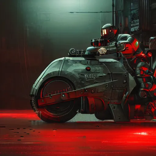 Prompt: panorama industrial military robot on a sci-fi military style motocycle, wearing bullet-riddled armor, glowing red eyes, wearing brutalist art deco industrial cyberpunk alley, dynamic dramatic dark moody lighting,shadows,cinematic atmosphere,Artstation, hyperrealistic 3D digital art,Octane render,8K 4K UHD image