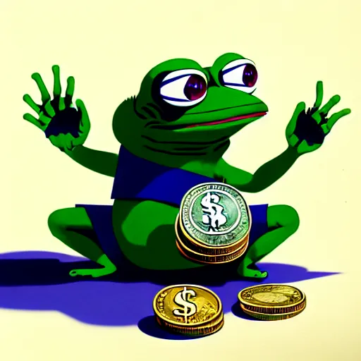 Image similar to super rich happy pepe, luxury, treasury, coins, money, hyper detalied, blue crystals, greg rutkowski, artstation