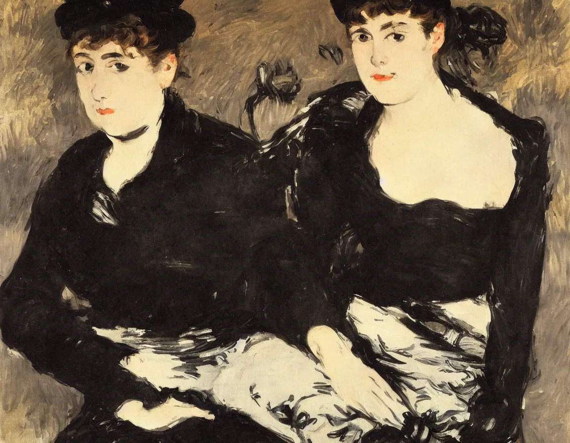 Image similar to edouard manet. a wide portrait of a woman all dressed in black, she is in profile turned her head towards the camera. seated on a dark motorcycle on a highway. there is another motorcycle blurred in the background. unprecise brush strokes. expressive. emotional.