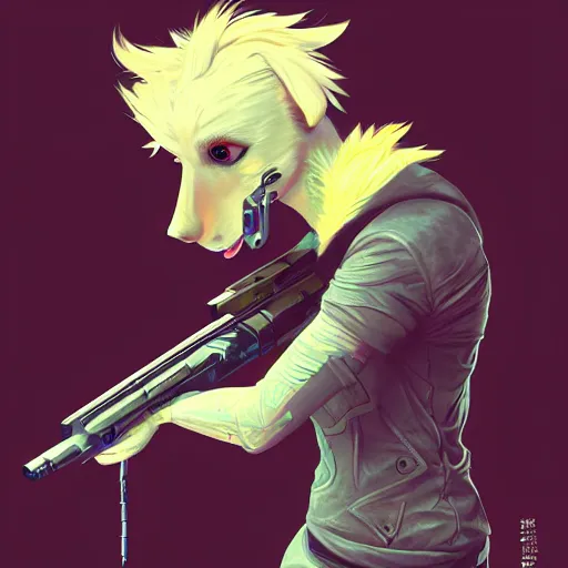 Prompt: a portrait of an anthropomorphic cyberpunk blond terrier! holding a shotgun, fantasy, elegant, digital painting, artstation, concept art, matte, sharp focus, illustration, art by josan gonzalez