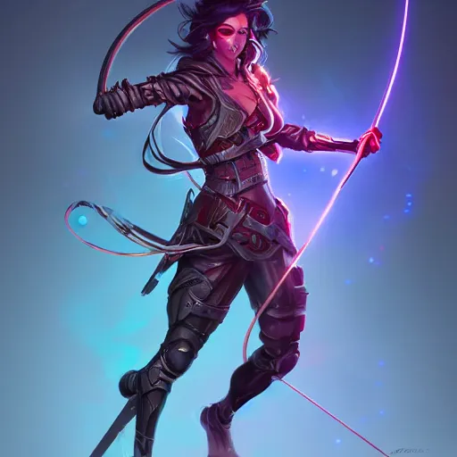 Image similar to action portrait of an astonishing beautiful futuristic archer, glowing neon bow, dungeons and dragons character concept style, realistic, anatomically correct, artgerm and peter mohrbacher style, 4k
