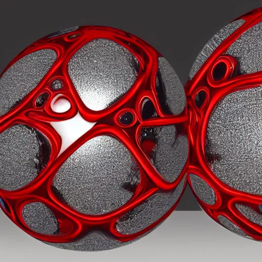 Prompt: chrome spheres on a red cube by arik brauer
