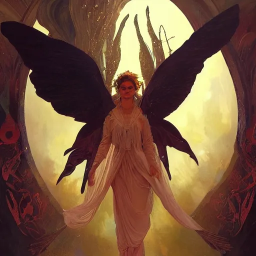 Image similar to an acrylic on canvas portrait of a great lucifer flying, great wings, demon horn, fire above head, long dark hair,, Mystery, Love, wholeness, rooted lineage, web of life, open eye freedom by Greg Rutkowski, Artgerm and Alphonse Mucha. Epic fantasy art.