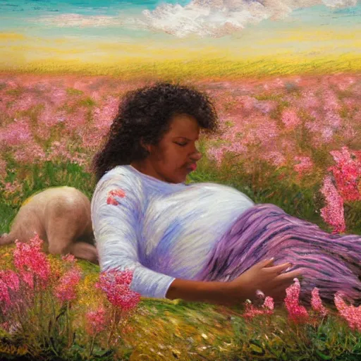 Image similar to pregnant east african woman with curly hair in a vast field of flowers, laying down, looking into the distance, with a tiny black puppy running around the field, golden hour, vintage, impressionist painting, fine art, oil painting, dreamy, pastel, laughing, happy, intricate details, sharp, peaceful, serene