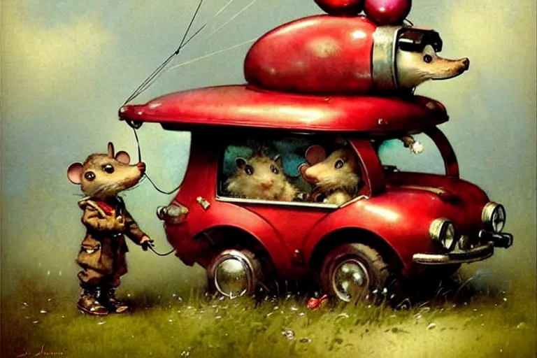 Prompt: adventurer ( ( ( ( ( 1 9 5 0 s retro future robot mouse balloon birthday party wagon house. muted colors. ) ) ) ) ) by jean baptiste monge!!!!!!!!!!!!!!!!!!!!!!!!! chrome red