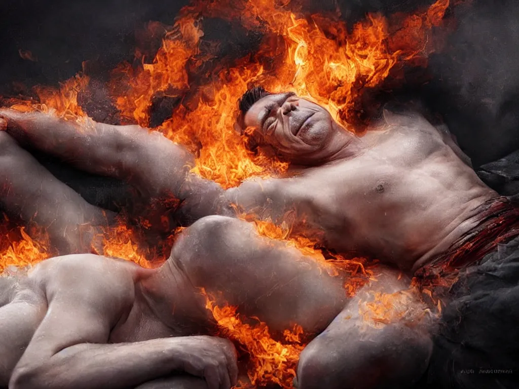 Image similar to extremely detailed digital painting of till lindemann lying on a burning bed, stunning scene, 4 k, realism, bright colors, trending on artstation