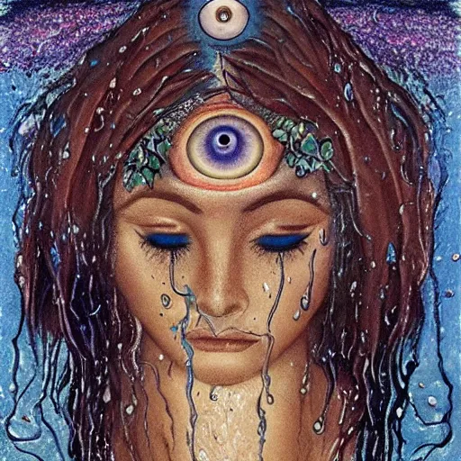 Image similar to wet three eyed goddess, third eye in middle of forehead, wide wide shot, wet hairy bodies, wet feet in water, soft colors, wet eye in forehead, pins, very detailed, wet eyes reflecting into eyes reflecting into infinity, beautiful lighting