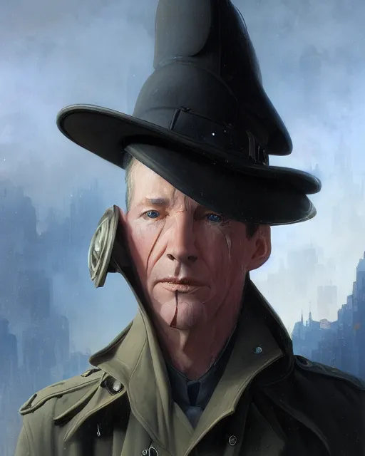 Image similar to detailed beautiful character portrait, chirs evans, wearing oversized black trench coat, ultra realistic, wide angle, dramatic lighting, v highly detailed by peter mohrbacher, hajime sorayama, wayne barlowe, boris vallejo, aaron horkey, gaston bussiere, craig mullins