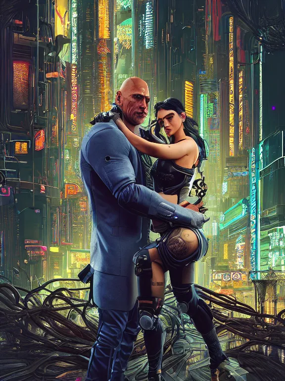 Image similar to a cyberpunk 2077 wedding portrait of Dwayne Johnson holding a female android,complex mess of cables and wires behind them connected to giant computer, love,film lighting, by laurie greasley,Lawrence Alma-Tadema,William Morris,Dan Mumford, trending on atrstation, full of color,face enhance, highly detailed,8K, octane,golden ratio,cinematic lighting