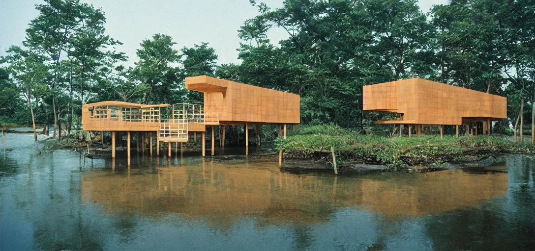 Image similar to stilt house designed by im pei. fujinon premista 1 9 - 4 5 mm t 2. 9. portra 8 0 0.