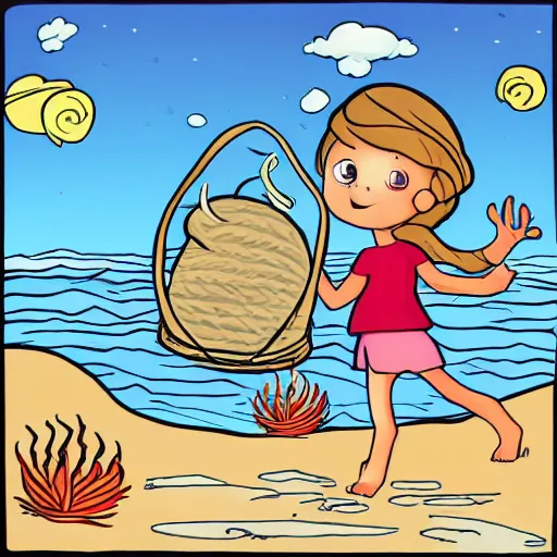 Image similar to cartoon of little girl raiding on top of huge monster crab on the beach.