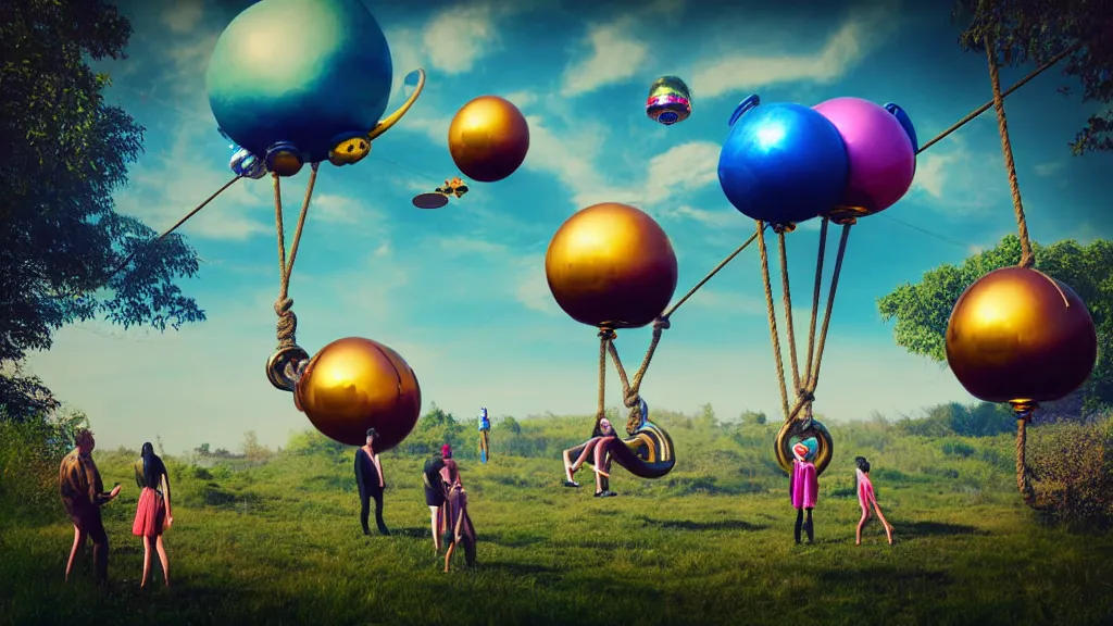 Image similar to large colorful futuristic space age metallic steampunk balloons with pipework and people on rope swings underneath, flying high over the beautiful countryside landscape, professional photography, 8 0 mm telephoto lens, realistic, detailed, digital art, unreal engine