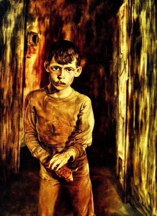 Prompt: detailed painting of a boy in a hall by otto dix, rich deep colors. masterpiece. still from a movie by Terrence Malick and Tarkovsky