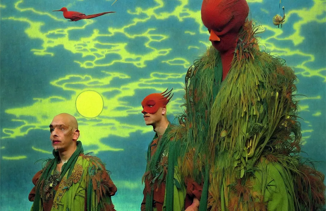 Prompt: realistic detailed portrait movie shot of a birdman wearing green robes, futuristic city sunset landscape background by denis villeneuve, yves tanguy, alphonse mucha, ernst haeckel, max ernst, roger dean, masterpiece, rich moody colours, feathers, ethereal, occult, blue eyes