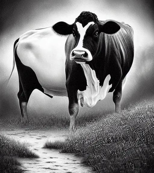 Image similar to beautiful cow pie black and white drawing, in the style of greg rutkowski, fantasy, amazing detail, epic, intricate, elegant, smooth, sharp focus