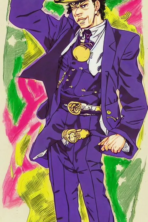 Image similar to Martin Luther King as Jotaro Kujo JoJo from JoJo\'s Bizarre Adventure, anime drawing by Hirohiko Araki, vivid colors, colorful fashion