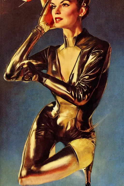 Image similar to 5 0 s pulp scifi fantasy illustration full body portrait elegant slim mature woman in leather spacesuit, dynamic, by norman rockwell, roberto ferri, daniel gerhartz, edd cartier, jack kirby, howard v brown, ruan jia, tom lovell, frank r paul, dean cornwell, astounding stories, amazing, fantasy, other worlds