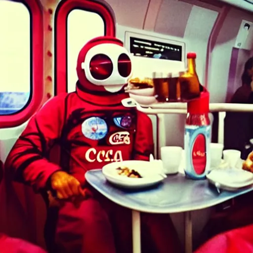 Image similar to lomo astronaut having dinner with cocacola in train