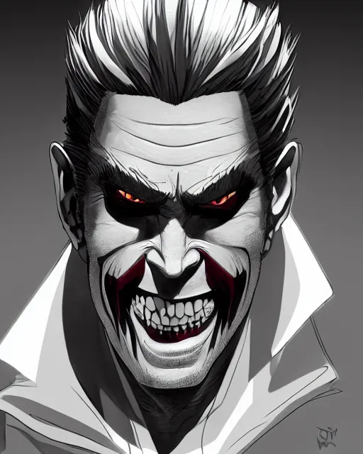 Image similar to handsome male vampire, symmetrical face, evil grin, cinematic, dramatic, super detailed and intricate, 4 k render, by koson ohara, by darwyn cooke, by satoshi kon