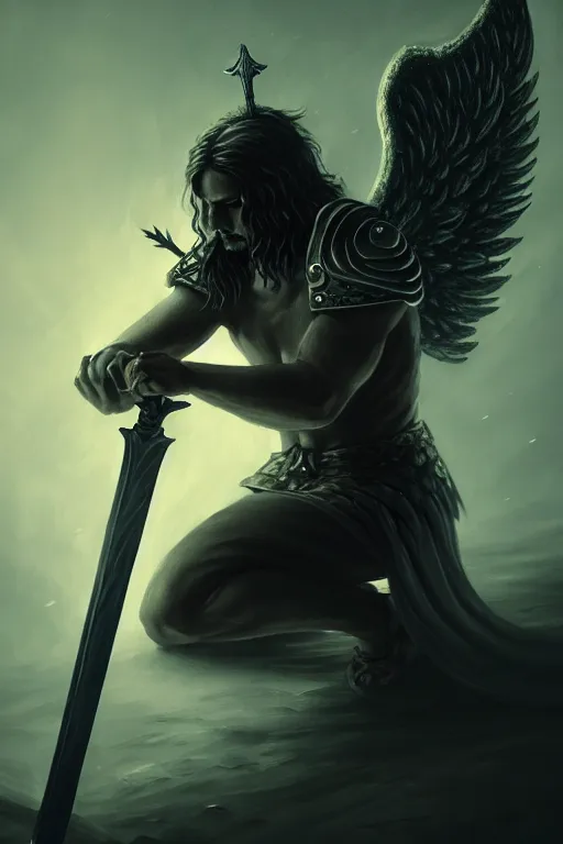 Image similar to fantasy art, fallen man angel kneeling with a sword and shield and wings, close-up, bokeh. dark art masterpiece artstation. 8k, sharp high quality illustration in style of Jose Daniel Cabrera Pena and Leonid Kozienko, Tooth Wu, studio lighting