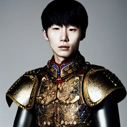 Image similar to a portrait of a beautiful young korean male wearing an alexander mcqueen armor , photographed by andrew thomas huang, artistic