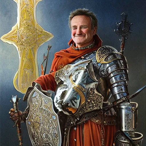 Image similar to an ultradetailed portrait of robin williams dressed as a fantasy holy paladin, carrying a large tower shield, d & d, fantasy, intricate, elegant, highly detailed, digital painting, matte, sharp focus, illustration, plate armor, god rays, art by john collier and albert aublet and krenz cushart and artem demura and alphonse mucha