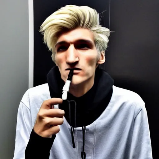 Image similar to a closeup photo of handsome gigachad xqc smoking