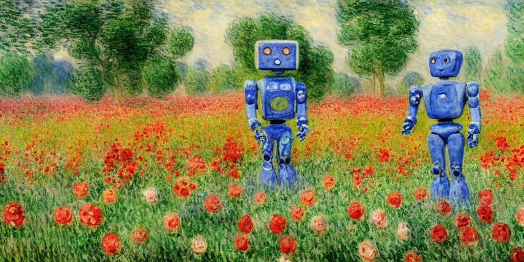 Prompt: a robot standing on flower garden looking small with many kinds flower arround him, watercolor art, 1 8 8 0 s, calude monet style, colorfule, hd, uhd