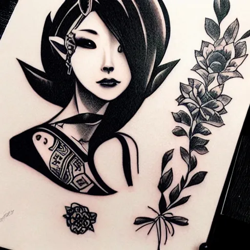 Prompt: tattoo design, stencil, portrait of a japanese girl, zelda, by artgerm,