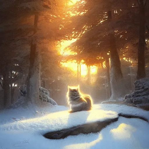 Prompt: concept art, siberian cat shining its light by gingko trees, 8 k, by greg rutkowski, and john howe, background of the sky at dusk by james gurney, artstation