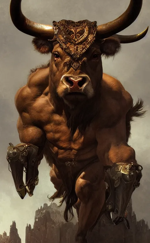 Image similar to a detailed portrait of minotaur, monster half child half bull, concept art, deep focus, intricate, highly detailed, digital painting, artstation, matte, sharp focus, illustration, art by greg rutkowski and alphonse mucha