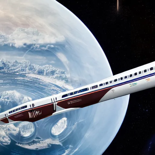 Prompt: a monorail bullet train cross the space between planets having just left a space station, distantly viewed from cockpit up a spaceship, popular science cover, high detail