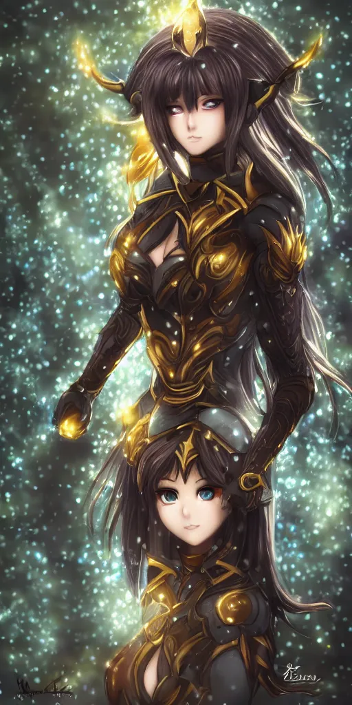 Image similar to focus face portrait of beautiful darkness knight 3D anime girl, golden armor wearing, dark forest background, snowing, bokeh, inspired by Masami Kurumada, digital painting, high contrast, unreal engine render, volumetric lighting, high détail