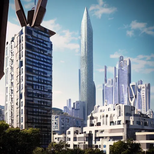 Prompt: retrofuturism skyscraper rising above medieval village