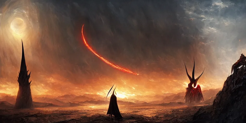 Image similar to Sauron fighting Saruman, the eye of Sauron, the lord of the rings, backlighting, oil painting, by Greg Rutkowski