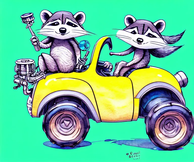 Image similar to cute and funny, racoon wearing a helmet riding in a tiny 4 wheeler with oversized engine, ratfink style by ed roth, centered award winning watercolor pen illustration, isometric illustration by chihiro iwasaki, edited by range murata, tiny details by artgerm, symmetrically centered