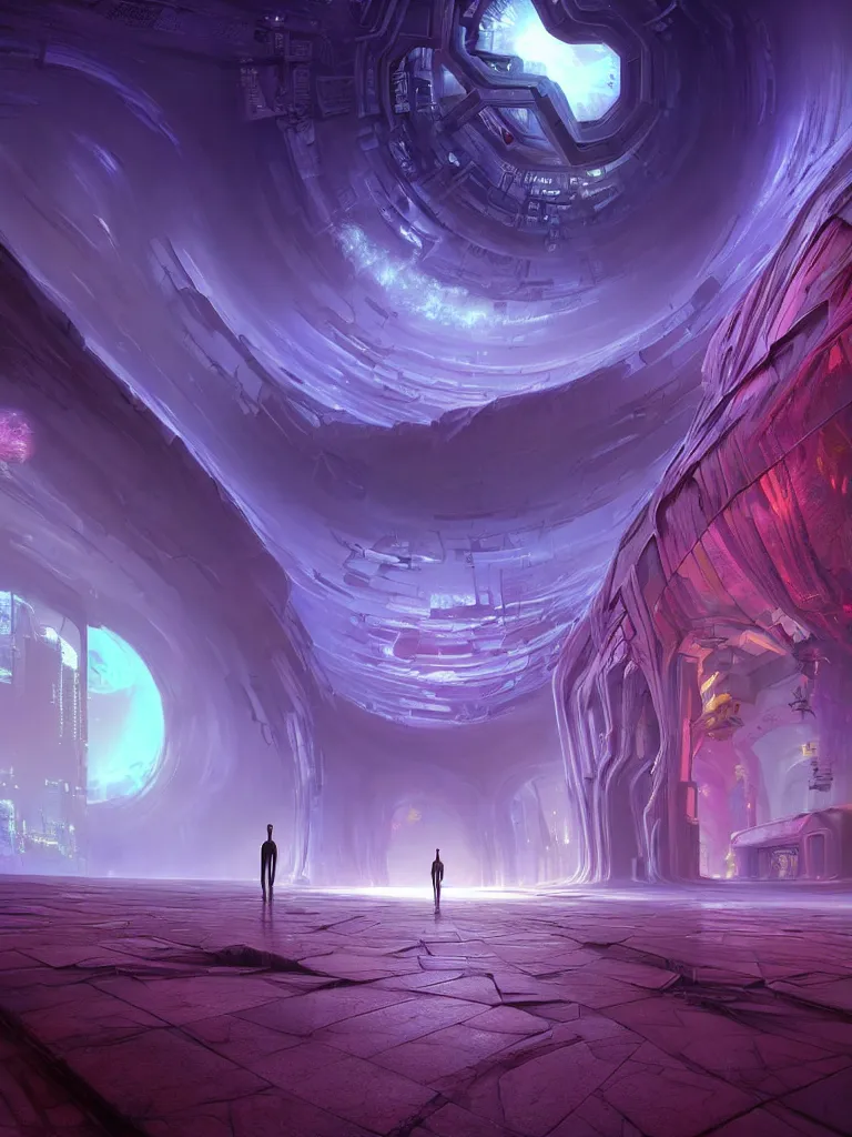 Image similar to entrance to ethereal realm, rendered in unreal engine, central composition, symmetrical composition, dreamy colourful cyberpunk colors, 6 point perspective, fantasy landscape with anthropomorphic!!! terrain!!! in the styles of igor morski, jim warren, and rob gonsalves, intricate, hyperrealistic, volumetric lighting, big sky, distinct horizon