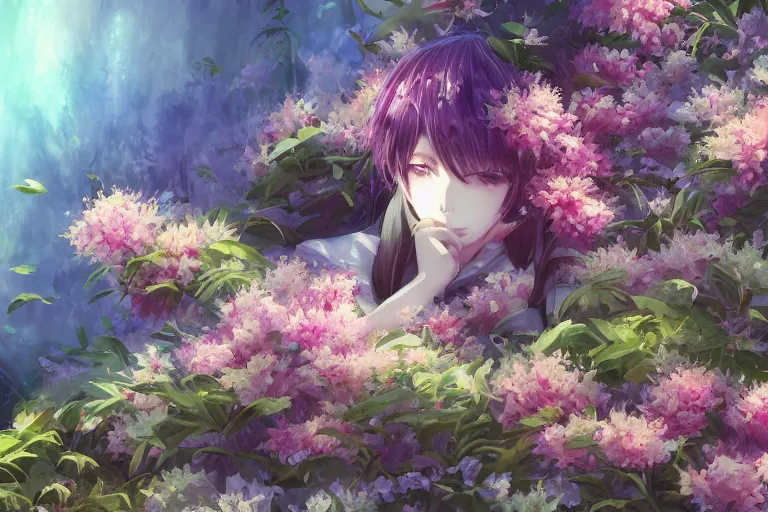 Prompt: scenes, dynamic composition, motion, ultra - detailed, incredibly detailed, a lot of details, amazing fine details and brush strokes, colorful and grayish palette, smooth, hd semirealistic anime cg concept art digital painting, watercolor oil painting of sea of flowers, in style of deemo, blue flame, relaxing, calm and mysterious vibes