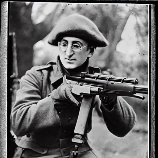 Image similar to old wartime photograph of john lennon holding a lewis gun, 1 9 1 7