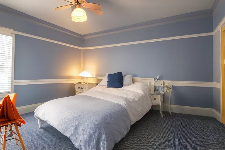 Image similar to a 10 by 11 foot old bed room with blue grey criss cross patterned walls, white ceiling, navy blue carpet, a small bed, desk, two wooden wardrobes, an old TV, and a ceiling fan gives off a dim orange light at night time