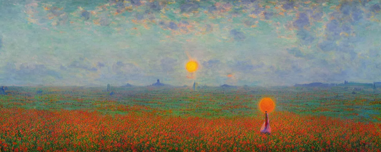 Image similar to The queen of the sun, by Simon Stålenhag and Claude Monet, oil on canvas