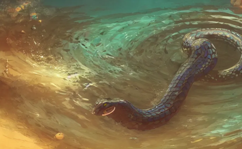 Prompt: large spiked water snake underwater, artstation